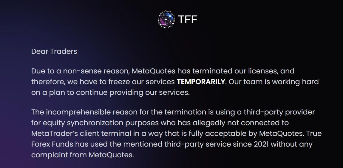 独家：MetaQuotes终止牌照 True Forex Funds自营交易业务暂停