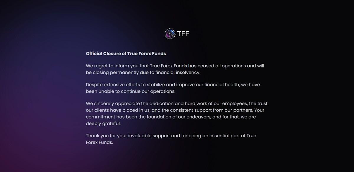 True Forex Funds 因财务 insolvency 永久关闭,成 MetaQuotes 打击自营交易公司首批受害者