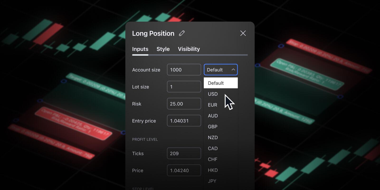 TradingView 为多空仓位工具新增货币选择功能