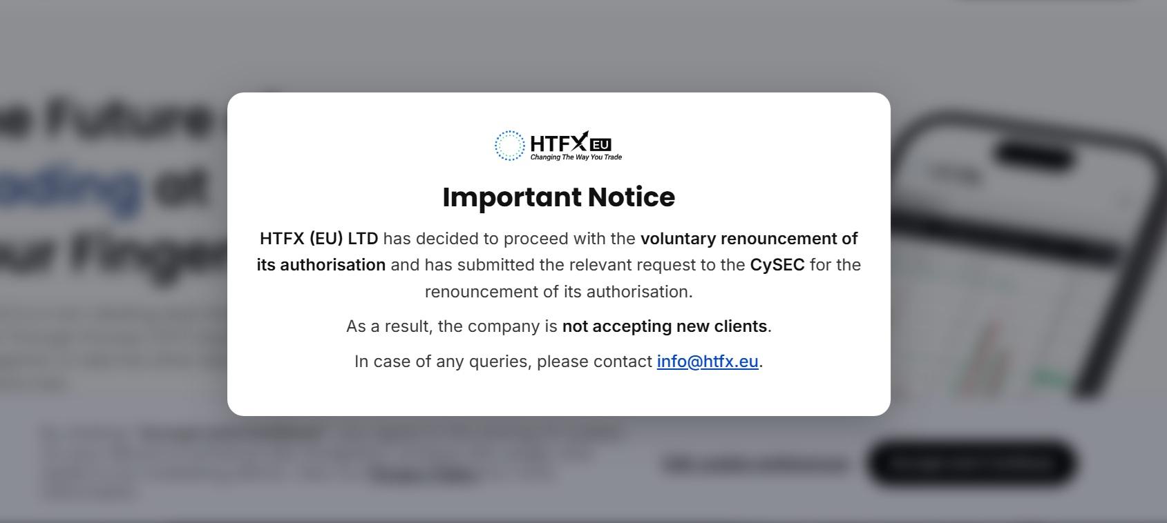 HTFX 主动放弃 CySEC 牌照,停止接受新客户