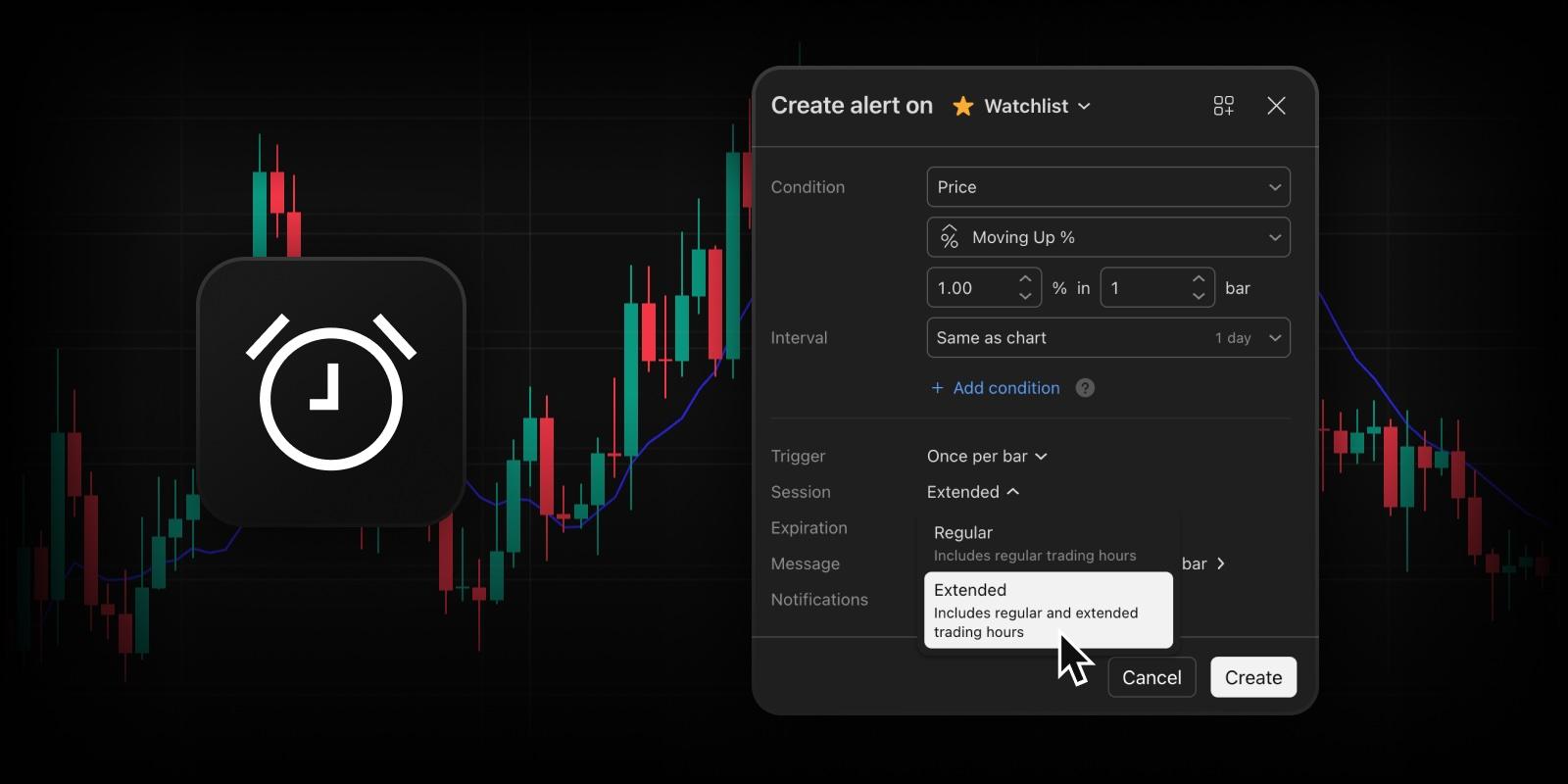 TradingView 为自选列表提醒新增盘前盘后交易时段支持
